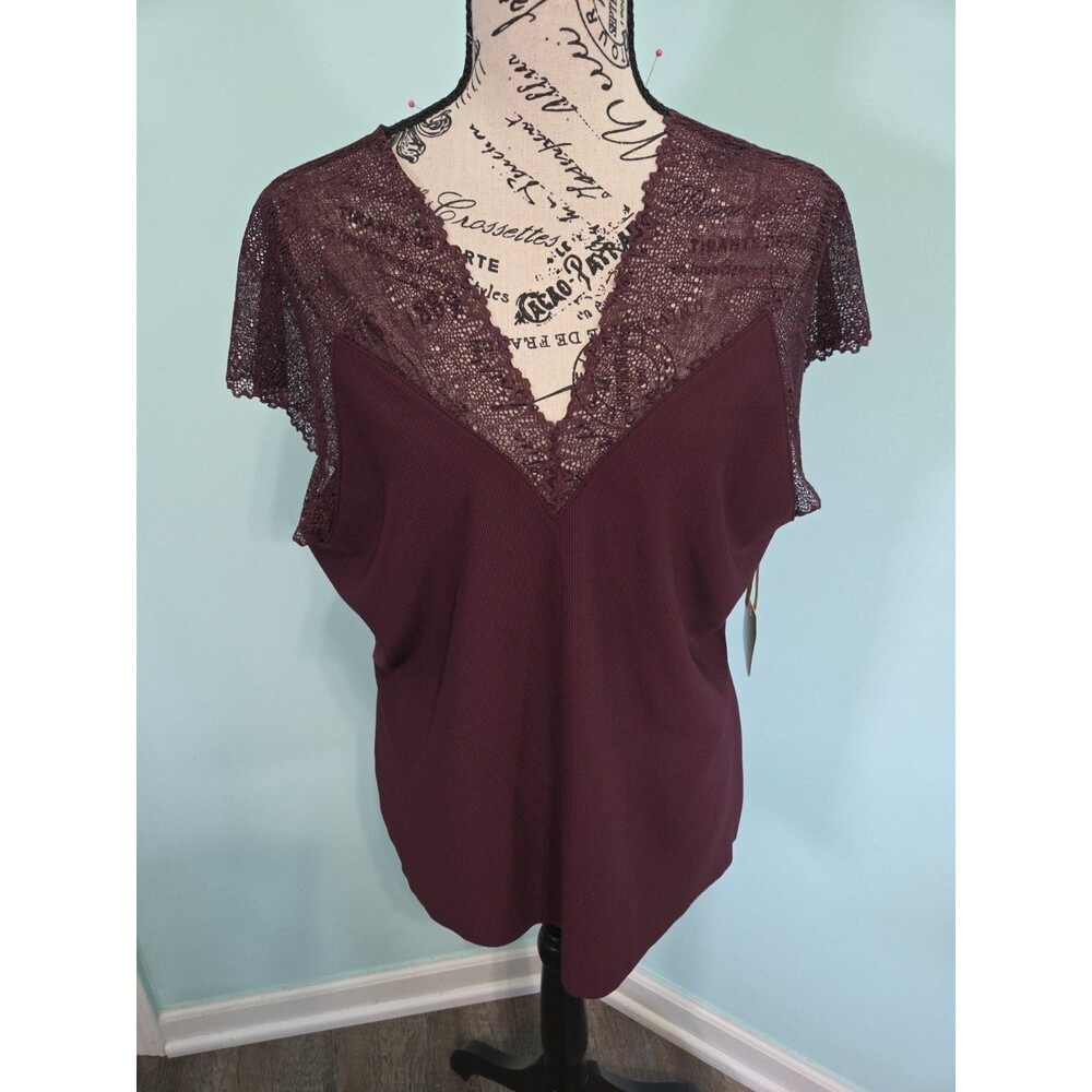 ryegrass top blouse lace trip extra large burgundy new with tags